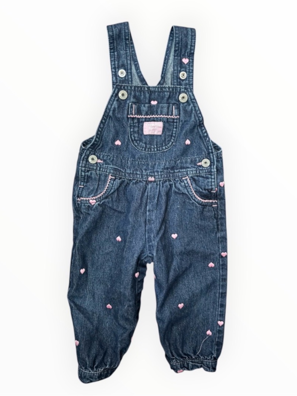 vintage OshKosh B'gosh blue denim overalls embroidered pink hearts 100% cotton